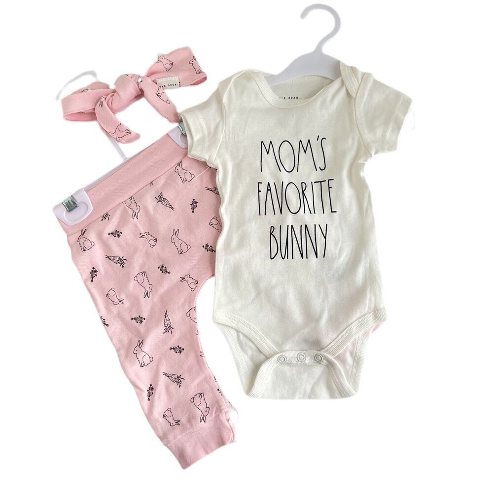 NEW Rae Dunn Baby Outfit Bodysuit Headband Pants 3-6 Months 3 Pc Easter Bunny